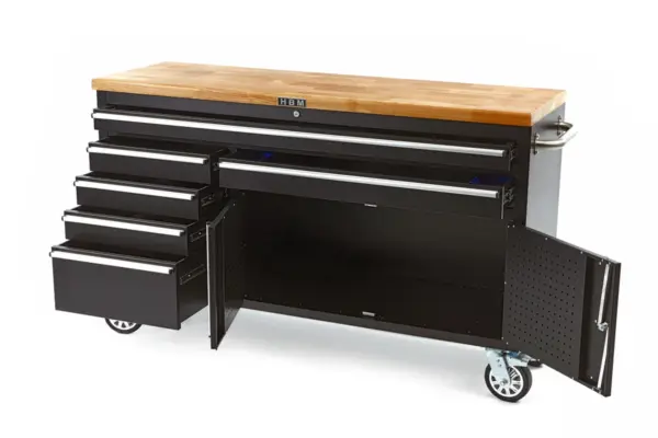 HBM mobiler Werkzeugwagen mit Holzarbeitsplatte, 152 cm, schwarz – Bild 2