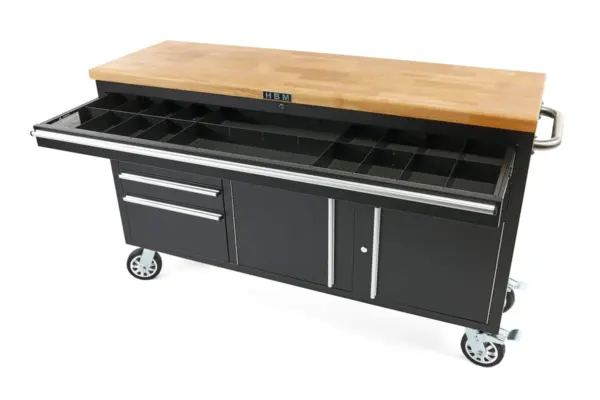 HBM mobiler Werkzeugwagen mit Holzarbeitsplatte, 152 cm, schwarz – Bild 3