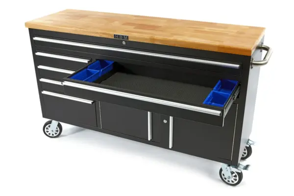 HBM mobiler Werkzeugwagen mit Holzarbeitsplatte, 152 cm, schwarz – Bild 4