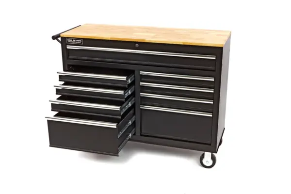 HBM mobiler Werkzeugwagen mit Holzarbeitsplatte - 117 cm - schwarz – Bild 4