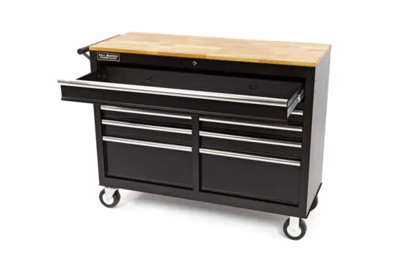 HBM mobiler Werkzeugwagen mit Holzarbeitsplatte - 117 cm - schwarz – Bild 5
