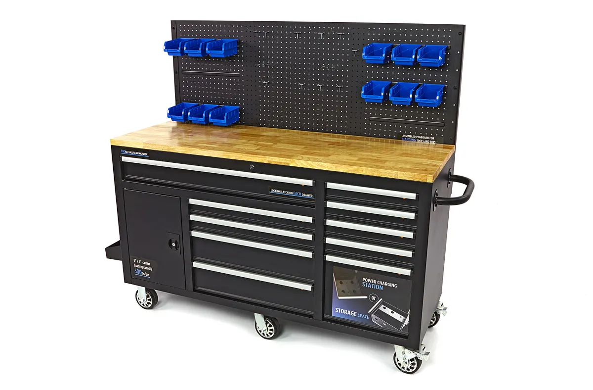 HBM Werkbank 158 cm mit 10 Schubladen, Tür und Rückwand, schwarz