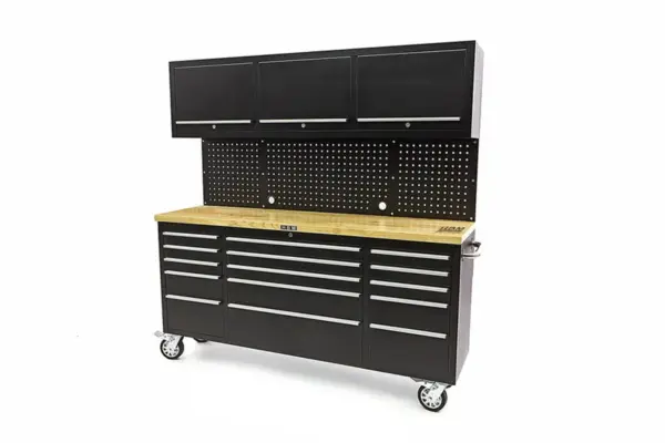 HBM Werkbank 182 cm mit 15 Schubladen, Schrankwand und Rückwand, Holzarbeitsplatte, schwarz