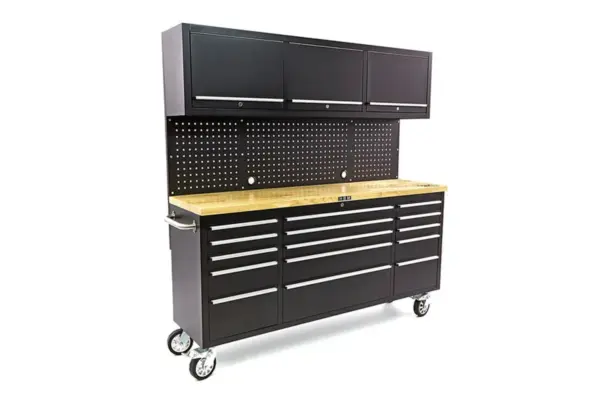 HBM Werkbank 182 cm mit 15 Schubladen, Schrankwand und Rückwand, Holzarbeitsplatte, schwarz – Bild 2