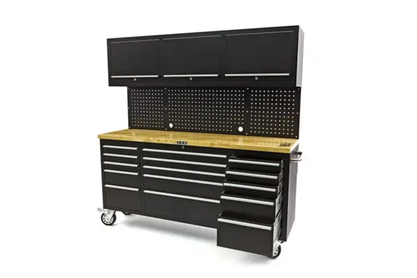 HBM Werkbank 182 cm mit 15 Schubladen, Schrankwand und Rückwand, Holzarbeitsplatte, schwarz – Bild 3
