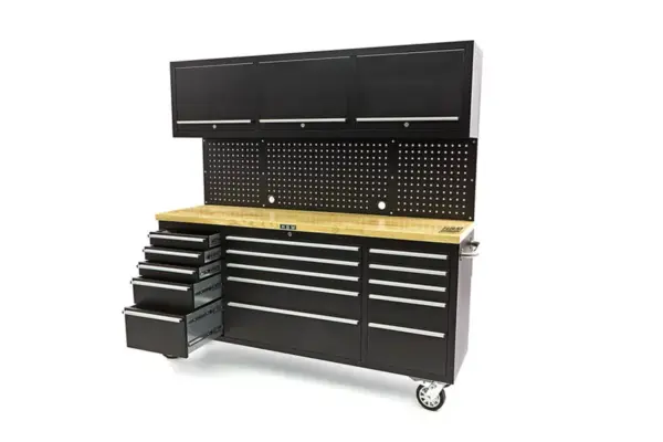 HBM Werkbank 182 cm mit 15 Schubladen, Schrankwand und Rückwand, Holzarbeitsplatte, schwarz – Bild 4