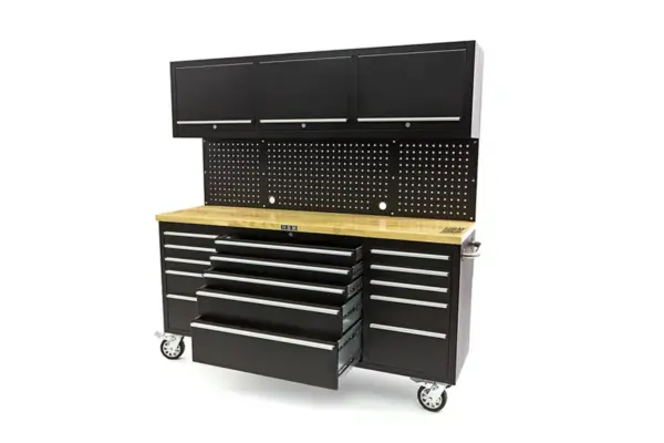HBM Werkbank 182 cm mit 15 Schubladen, Schrankwand und Rückwand, Holzarbeitsplatte, schwarz – Bild 5