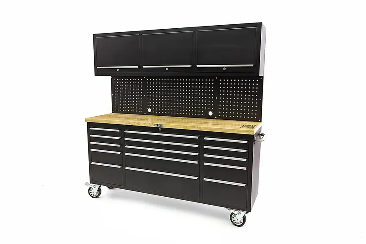 HBM Werkbank 182 cm mit 15 Schubladen, Schrankwand und Rückwand, Holzarbeitsplatte, schwarz