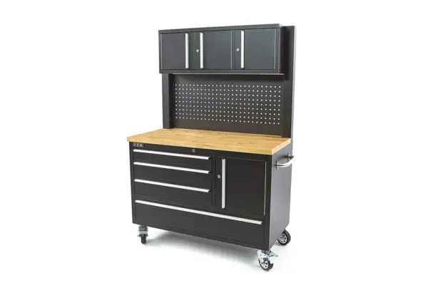 HBM Werkbank 122 cm mit 4 Schubladen, Schrankwand und Rückwand, Holzarbeitsplatte, schwarz