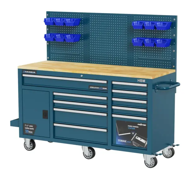 HBM Werkbank 158 cm mit 10 Schubladen, Tür und Rückwand, blau