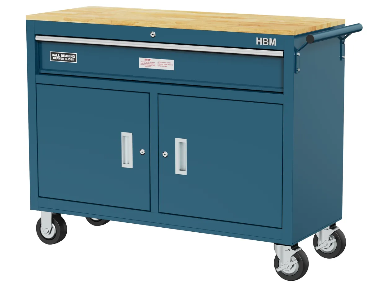HBM fahrbarer Werkzeugwagen Werkbank, 117 cm, blau