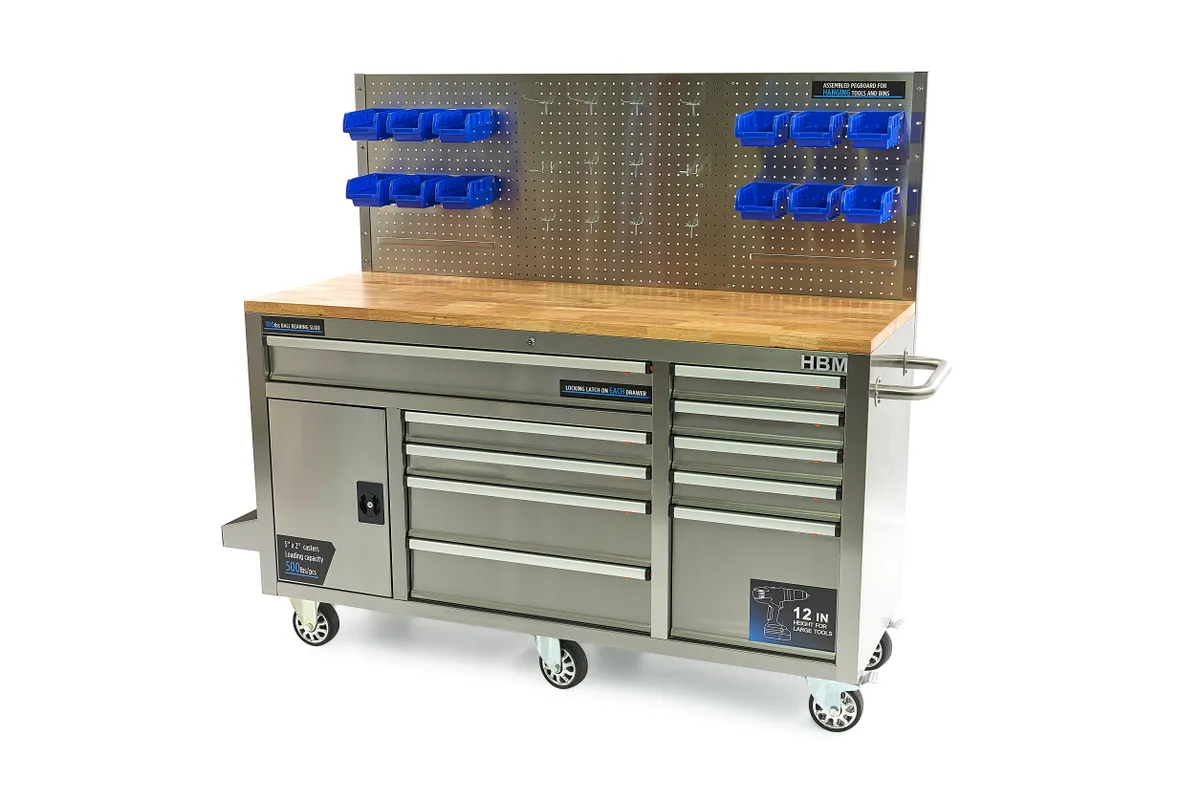 HBM Werkbank 158 cm mit 10 Schubladen, Tür und Rückwand, Edelstahl