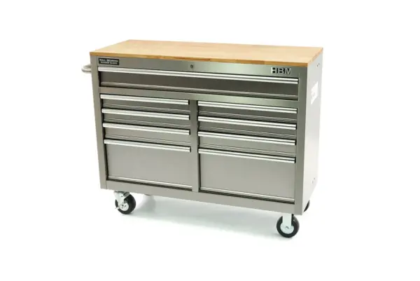 HBM fahrbarer Werkzeugwagen mit Holzarbeitsplatte, 117 cm, Edelstahl