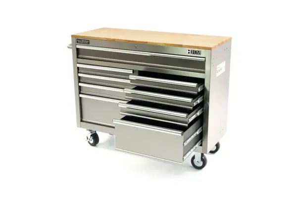 HBM fahrbarer Werkzeugwagen mit Holzarbeitsplatte, 117 cm, Edelstahl – Bild 5