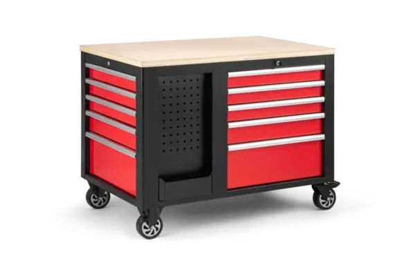 HBM fahrbare Werkbank mit Holzplatte und 10 Schubladen, rot-schwarz – Bild 4