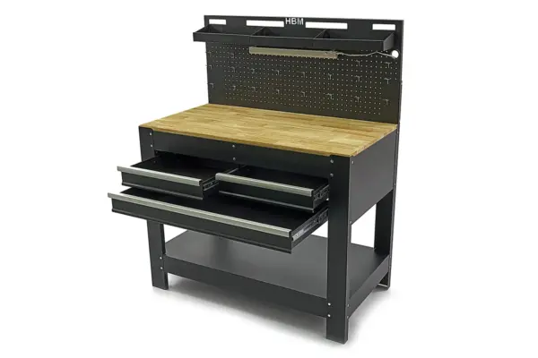 HBM Werkbank 115 cm mit 3 Schubladen, Holzarbeitsplatte und Rückwand, schwarz – Bild 2