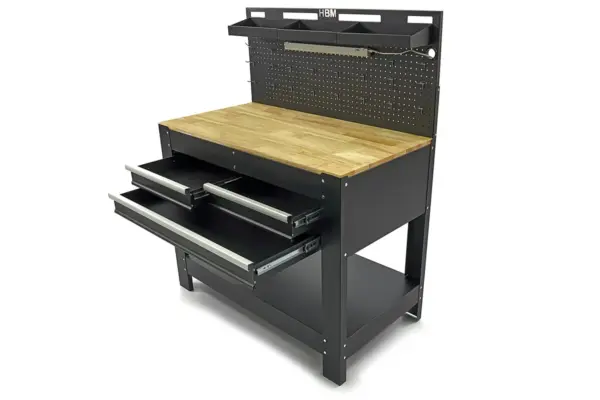 HBM Werkbank 115 cm mit 3 Schubladen, Holzarbeitsplatte und Rückwand, schwarz – Bild 3