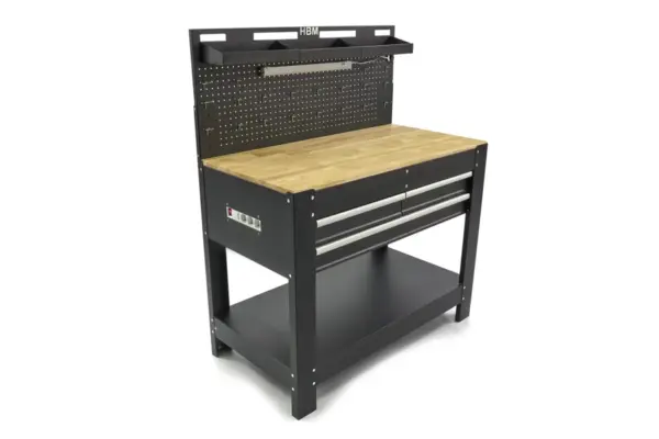 HBM Werkbank 115 cm mit 3 Schubladen, Holzarbeitsplatte und Rückwand, schwarz – Bild 4