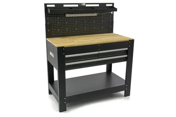 HBM Werkbank 115 cm mit 3 Schubladen, Holzarbeitsplatte und Rückwand, schwarz – Bild 5
