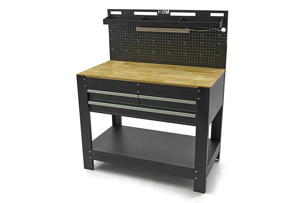 HBM Werkbank 115 cm mit 3 Schubladen, Holzarbeitsplatte und Rückwand, schwarz