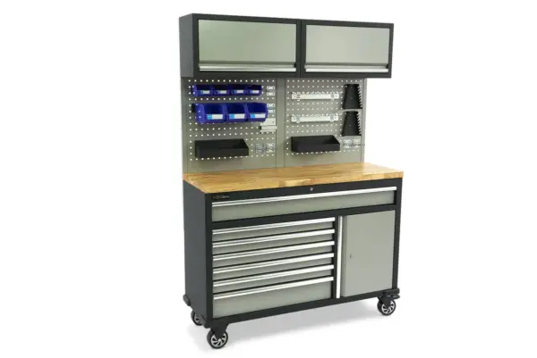 HBM fahrbare Werkbank 136 cm mit 7 Schubladen, Tür und Schrankwand, inklusive Zubehör, grau – Bild 2