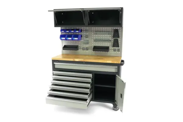 HBM fahrbare Werkbank 136 cm mit 7 Schubladen, Tür und Schrankwand, inklusive Zubehör, grau – Bild 3
