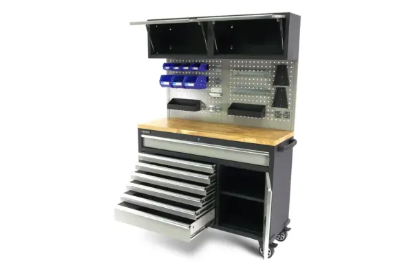 HBM fahrbare Werkbank 136 cm mit 7 Schubladen, Tür und Schrankwand, inklusive Zubehör, grau – Bild 4