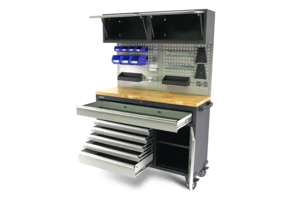 HBM fahrbare Werkbank 136 cm mit 7 Schubladen, Tür und Schrankwand, inklusive Zubehör, grau – Bild 5