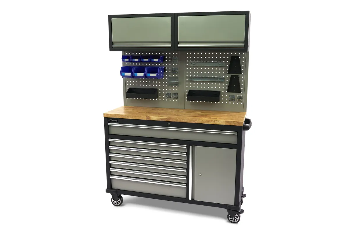 HBM fahrbare Werkbank 136 cm mit 7 Schubladen, Tür und Schrankwand, inklusive Zubehör, grau