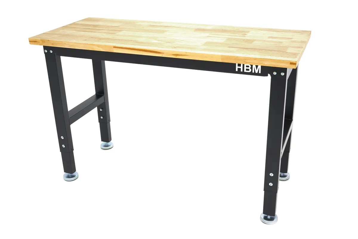 HBM höhenverstellbare Werkbank 122 cm, massive Holzarbeitsplatte, schwarz