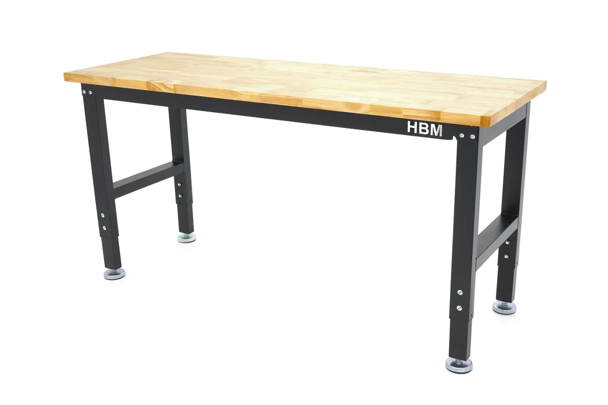 HBM höhenverstellbare Werkbank 152 cm, massive Holzarbeitsplatte, schwarz