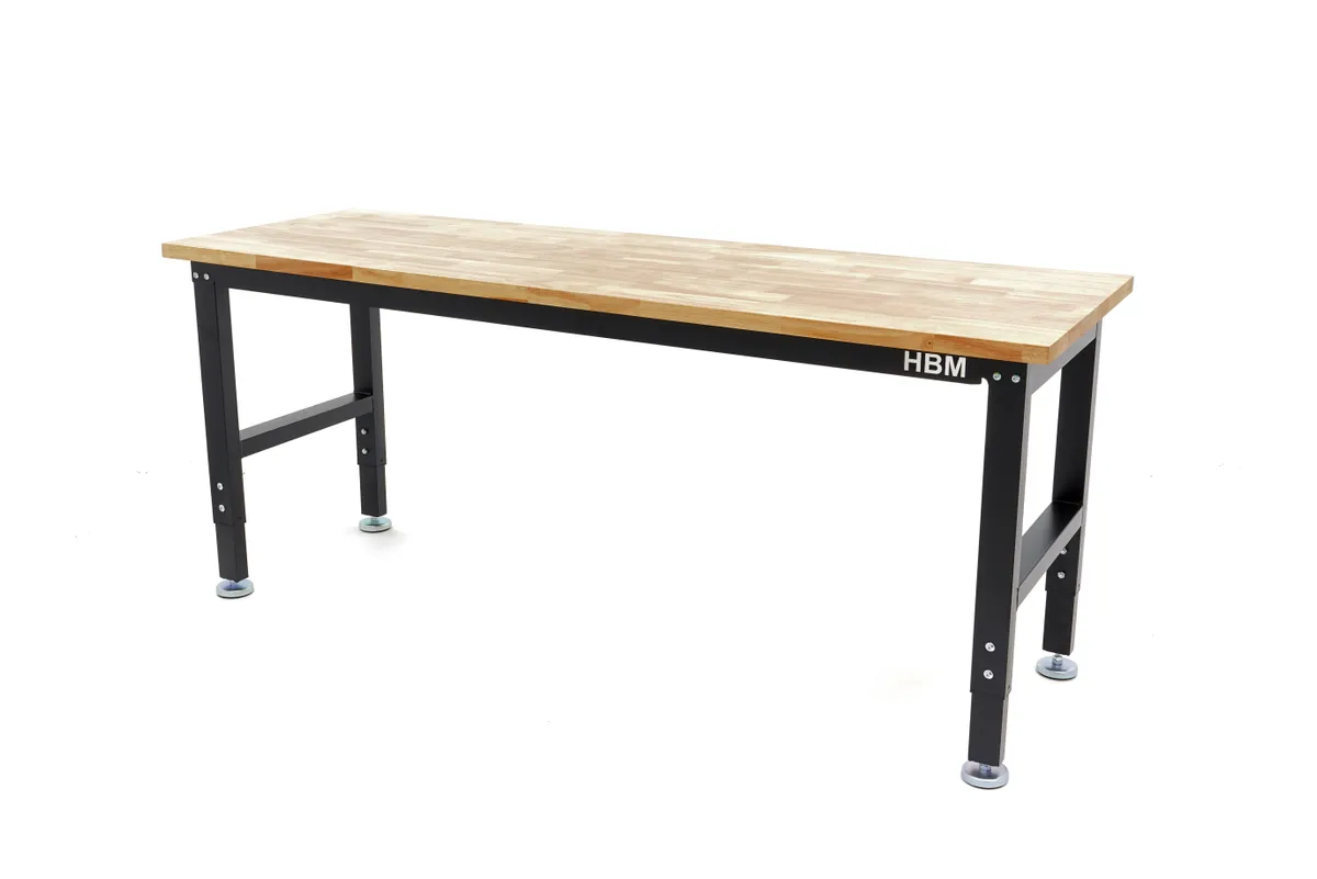 HBM höhenverstellbare Werkbank 182 cm, massive Holzarbeitsplatte, schwarz