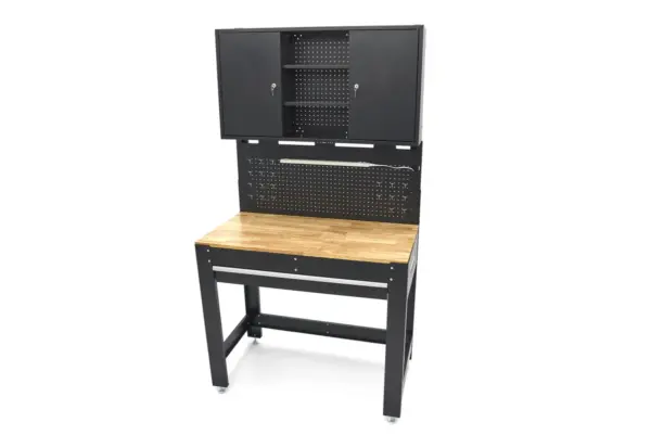 HBM Werkbank 115 cm mit großer Schublade, Schrankwand und Rückwand, schwarz