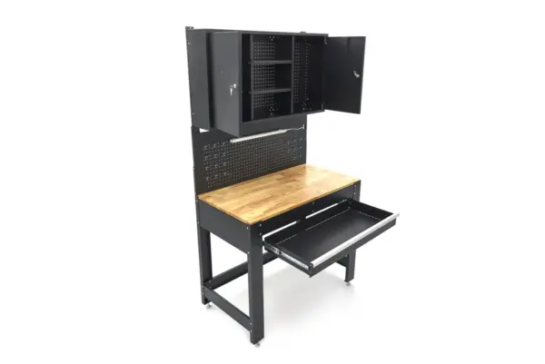 HBM Werkbank 115 cm mit großer Schublade, Schrankwand und Rückwand, schwarz – Bild 11