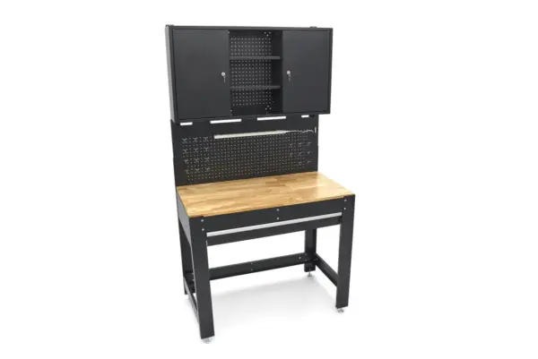 HBM Werkbank 115 cm mit großer Schublade, Schrankwand und Rückwand, schwarz – Bild 2