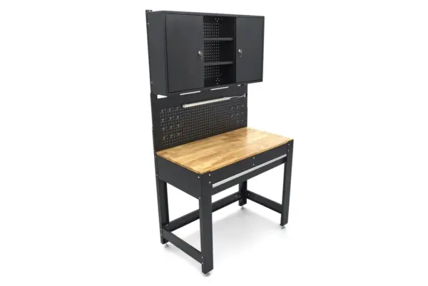 HBM Werkbank 115 cm mit großer Schublade, Schrankwand und Rückwand, schwarz – Bild 3