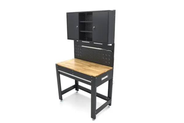 HBM Werkbank 115 cm mit großer Schublade, Schrankwand und Rückwand, schwarz – Bild 4