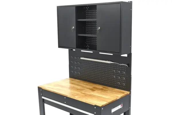 HBM Werkbank 115 cm mit großer Schublade, Schrankwand und Rückwand, schwarz – Bild 5