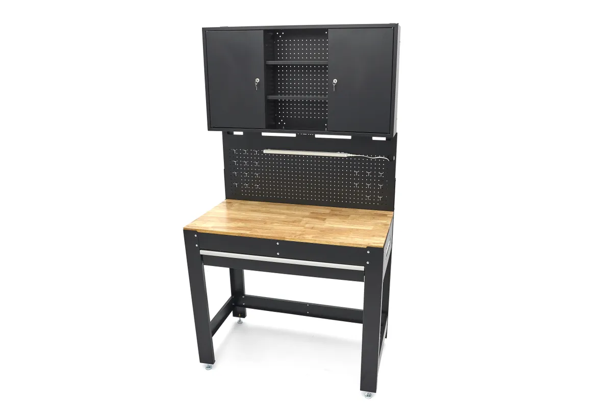 HBM Werkbank 115 cm mit großer Schublade, Schrankwand und Rückwand, schwarz