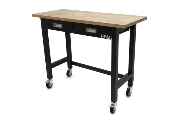 HBM Werkbank 122 cm mit 2 Schubladen, fahrbar, massive Holzarbeitsplatte, schwarz