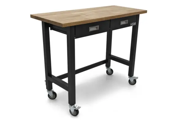 HBM Werkbank 122 cm mit 2 Schubladen, fahrbar, massive Holzarbeitsplatte, schwarz – Bild 2