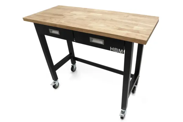 HBM Werkbank 122 cm mit 2 Schubladen, fahrbar, massive Holzarbeitsplatte, schwarz – Bild 3
