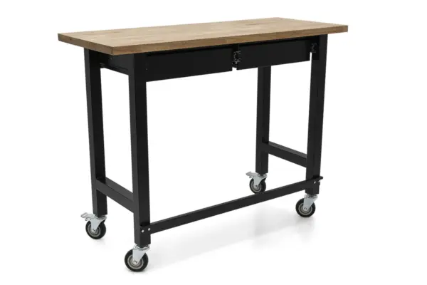 HBM Werkbank 122 cm mit 2 Schubladen, fahrbar, massive Holzarbeitsplatte, schwarz – Bild 5