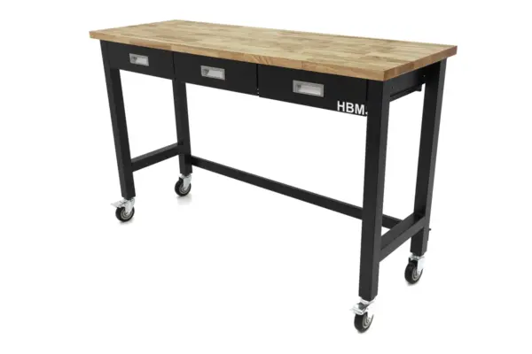 HBM Werkbank 152 cm mit 3 Schubladen, fahrbar, massive Holzarbeitsplatte, schwarz