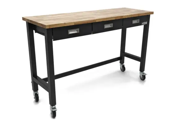 HBM Werkbank 152 cm mit 3 Schubladen, fahrbar, massive Holzarbeitsplatte, schwarz – Bild 2