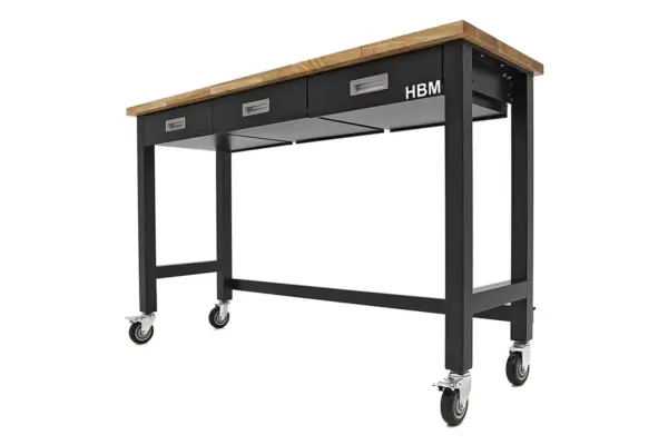 HBM Werkbank 152 cm mit 3 Schubladen, fahrbar, massive Holzarbeitsplatte, schwarz – Bild 4