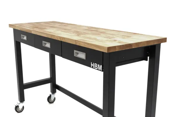 HBM Werkbank 152 cm mit 3 Schubladen, fahrbar, massive Holzarbeitsplatte, schwarz – Bild 5