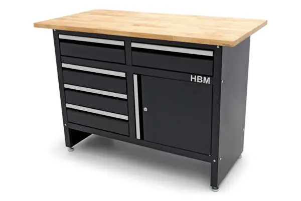 HBM Werkbank 120 cm mit 5 Schubladen und Tür, massive Holzarbeitsplatte, schwarz