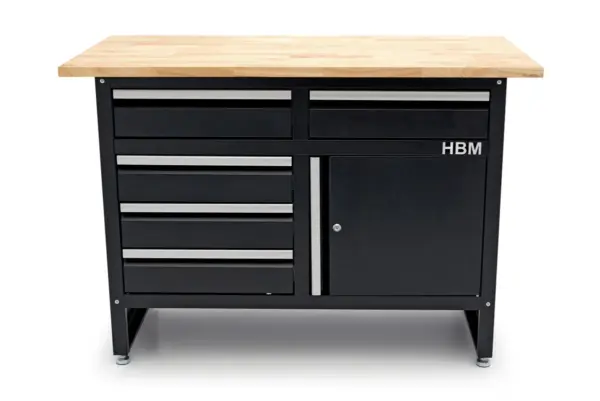 HBM Werkbank 120 cm mit 5 Schubladen und Tür, massive Holzarbeitsplatte, schwarz – Bild 2