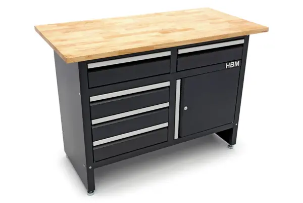 HBM Werkbank 120 cm mit 5 Schubladen und Tür, massive Holzarbeitsplatte, schwarz – Bild 3
